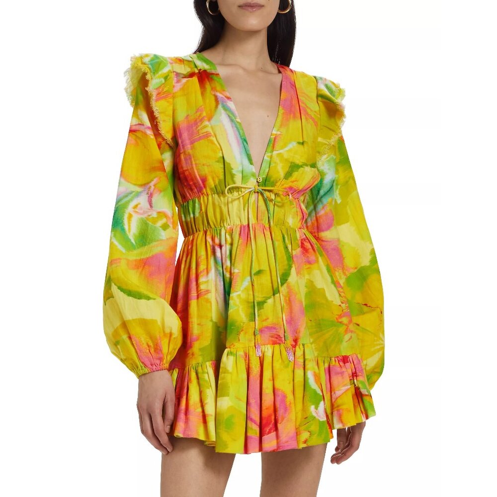 Hemant & Nandita Floral Linen-Cotton Long Sleeve V-neck Fit & Flare Mini Dress